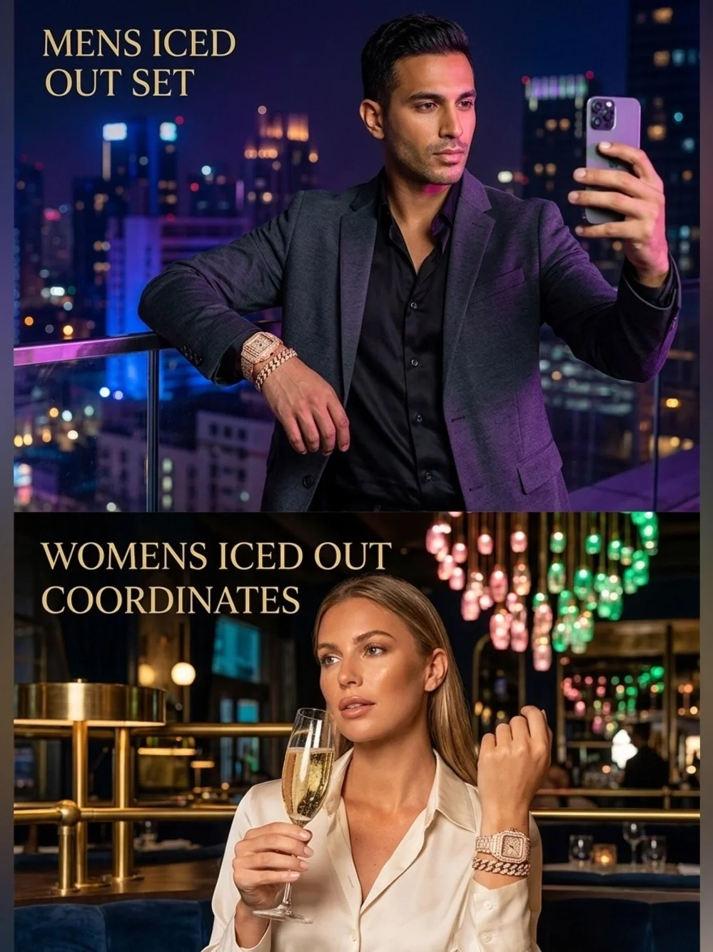 Unisex Luxury Gold Iced-Out Watch & oBracelet Set - Rose Gold